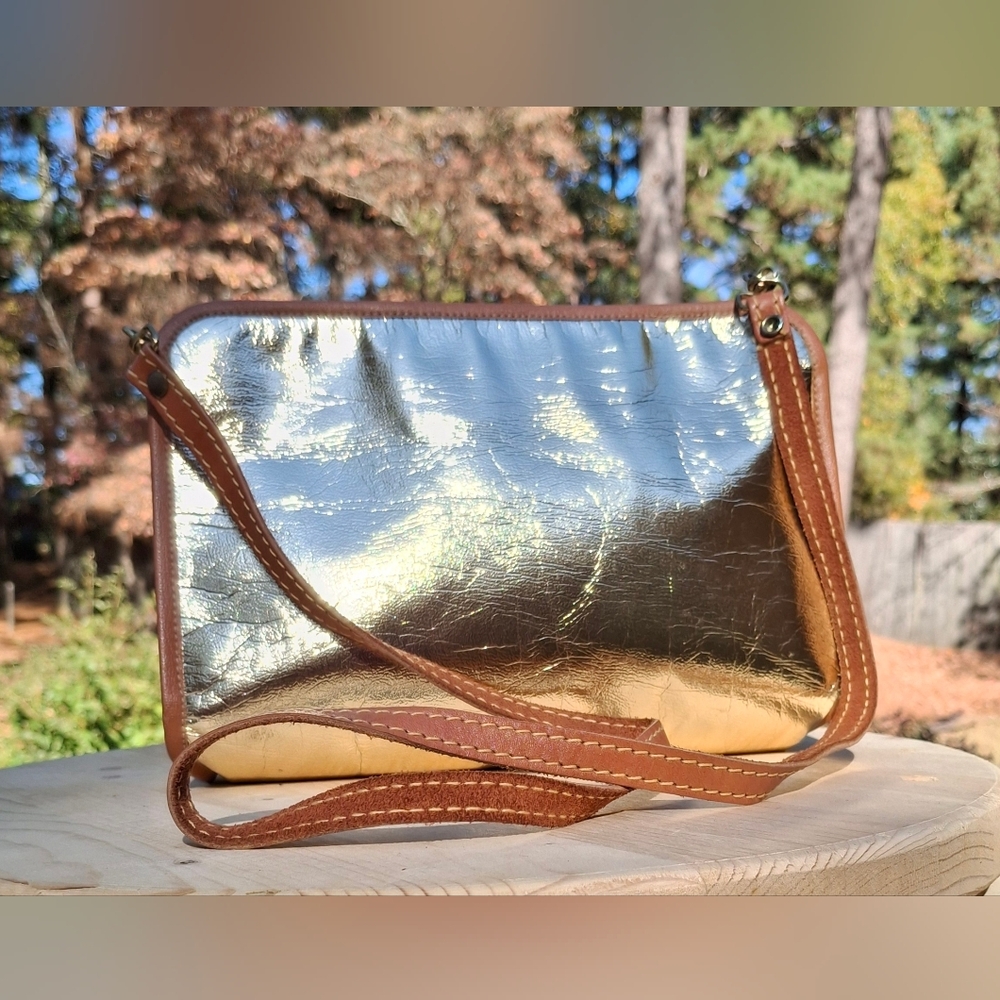 Vintage 1950's Ronay Gold Metallic Brown Leather Convertible Clutch Shoulder Bag